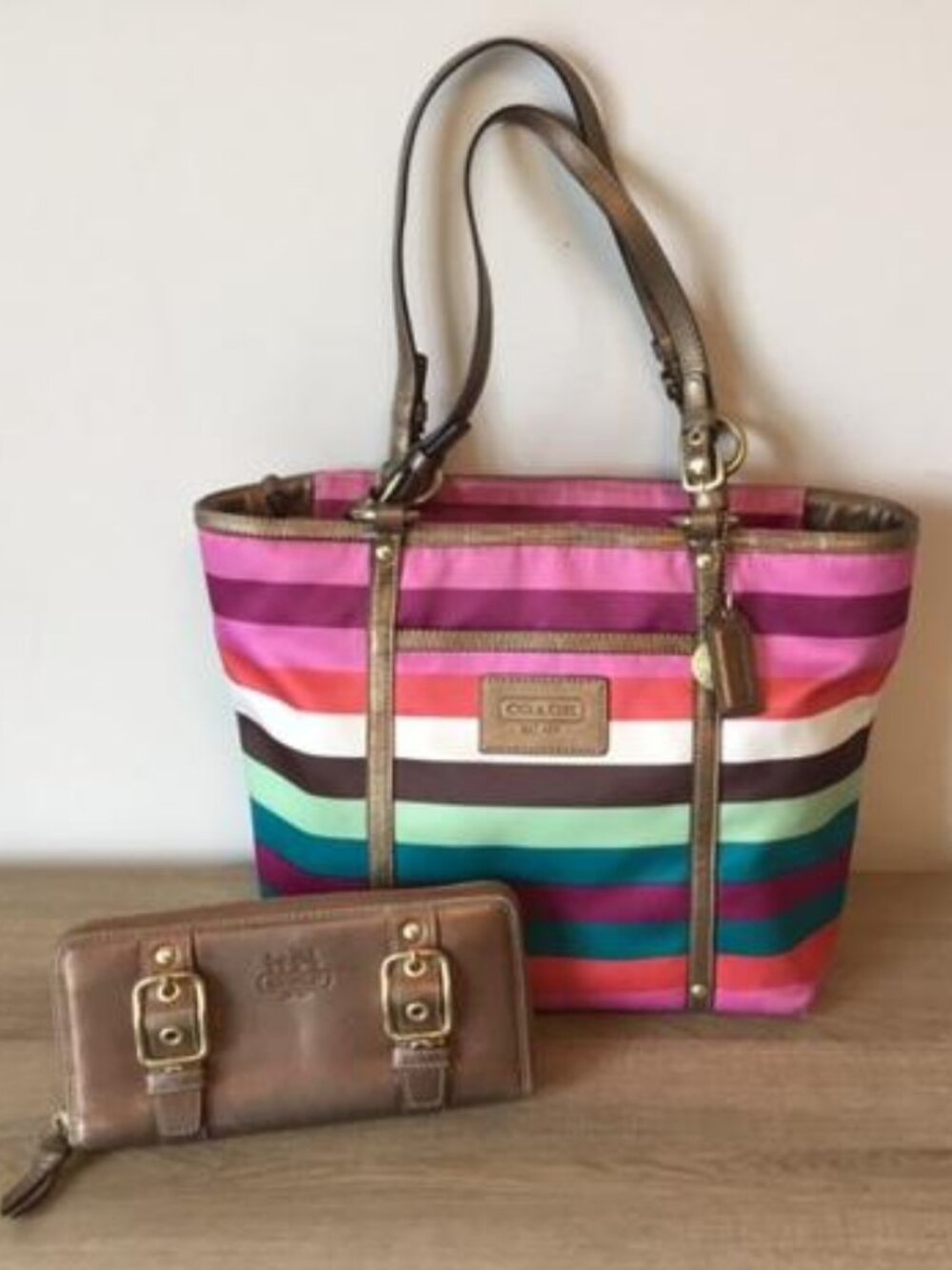 Coach Legacy Multicolor Stripe Sateen Tote Shoulder Bag w/Bronze Trim & Wallet
